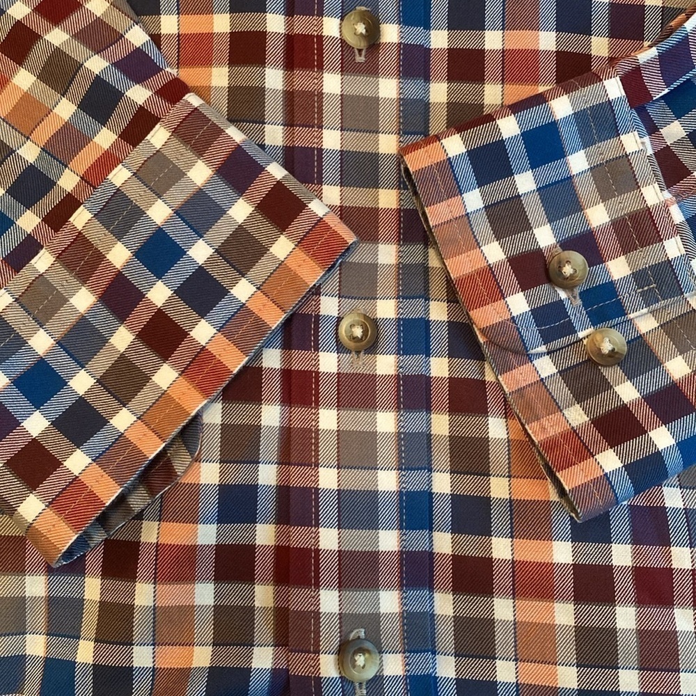 Jos A Bank Travelers Collection Cotton Plaid Button Down Blue Orange Shirt LARGE